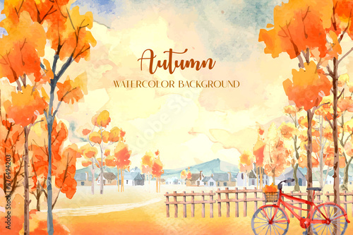 Autumn watercolor painting with many orange trees with a red bike on the front. 