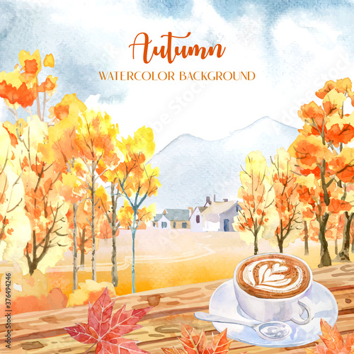 Autumn watercolor painting with many orange trees with a cup of coffee and maple leaf on the front. 