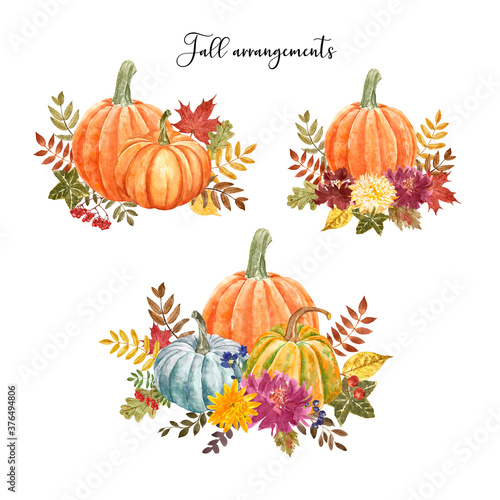 Fall pumpkin vase arrangement set. Watercolor harvest illustrations. Orange s...