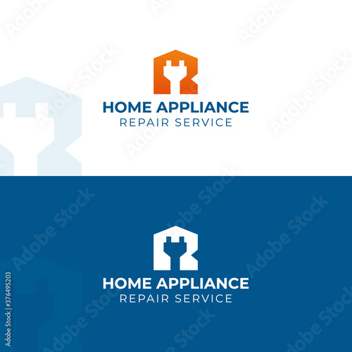 Home appliance repair logo. Vector logotype template. Electric plug in R letter with house silhouette