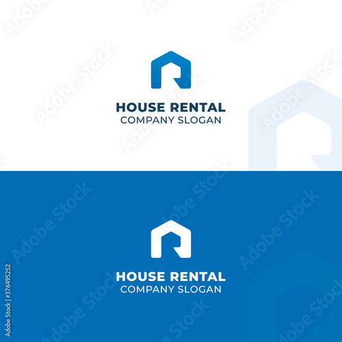 Letter R in a house silhouette. House rental logo vector template.