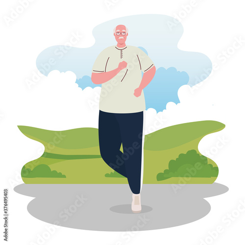 cute old man running in outdoor, sport and recreation concept vector illustration design