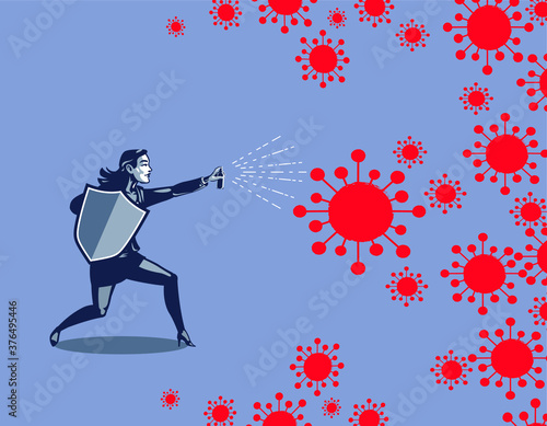 Businesswoman Carrying Shield and Spray Fighting Against Covid 19 Virus Global Thread Concept Illustration