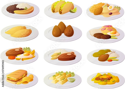 Vector illustration of various latin american south american dishes and snacks