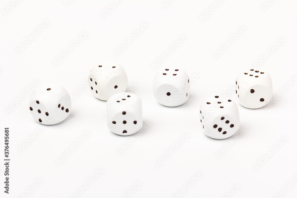 White gamble dice with black dots, isolated on white background. White gamble dice with black dots, isolated on white background.