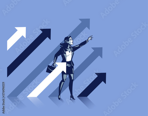 Businesswoman Standing Among Rising Arrows. Business Concept of Confident Top Leader Facing Future with Optimism and Development