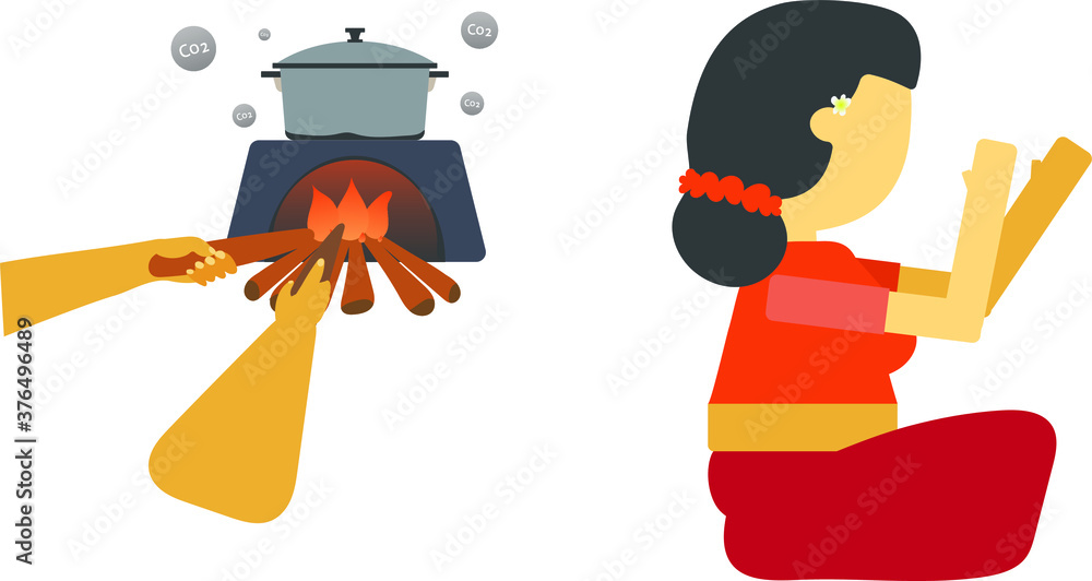 Fototapeta premium Balinese women with traditional stove in the kitchen