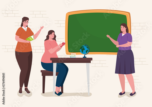 group women teacher in classroom with supplies education vector illustration design