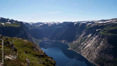 The trolltunga lake between the mountains in Norway