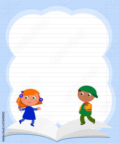 Happy mexican school boy and girl and book on light blue background