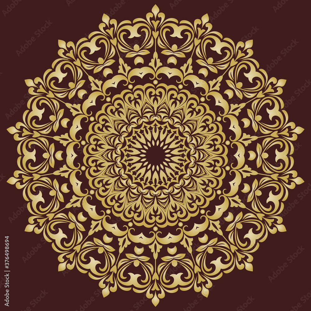 Oriental pattern with arabesques and floral elements. Traditional classic round golden ornament. Vintage pattern with arabesques