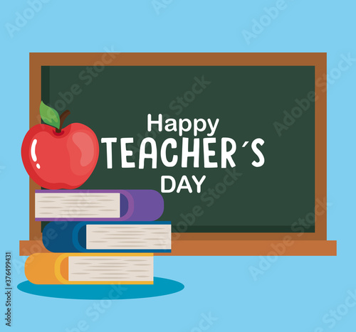 happy teachers day, chalkboard with pile books and apple vector illustration design