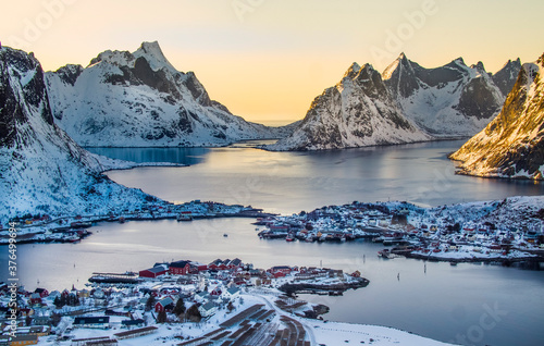 Aerial view over the beautiful fishing village Reine in Lofoten in Northern Norway