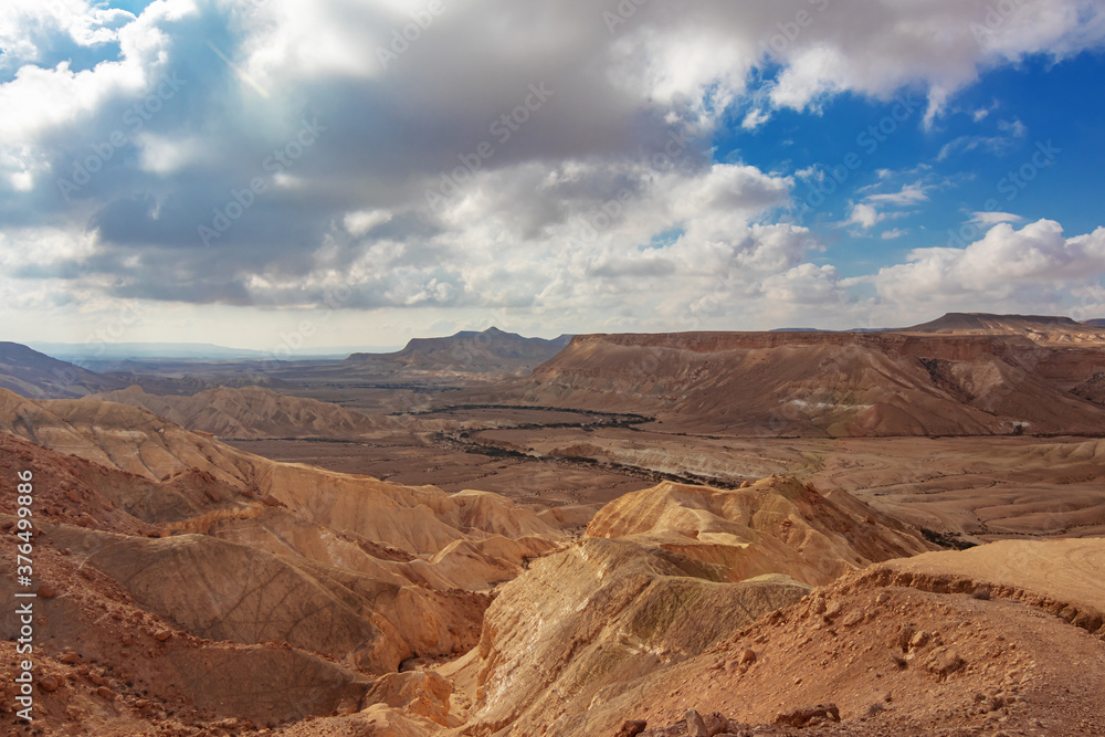 Morning landscape of the Negev desert. Neighborhoods of the settlement of Sde Boker, Israel.