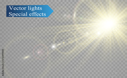 Special lens flash, light effect. The flash flashes rays and searchlight. illust.White glowing light. Beautiful star Light from the rays. The sun is backlit. Bright beautiful star. Sunlight. Glare.