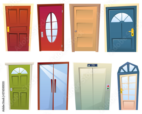 A set of many cartoon different doors