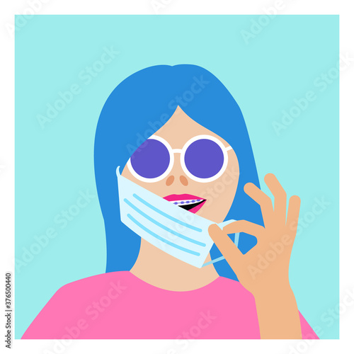 Girl with braces puts on protective medical mask. Young woman smiling. Brackets on teeth for correcting dental health problems. Dentistry during quarantine. Vector bright colors flat illustration.