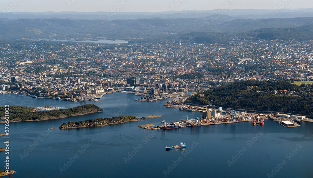 Aerial view oveer the bay area of Oslo, the capital of Norway