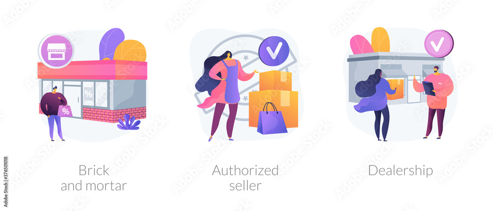 Retail business abstract concept vector illustration set. Brick and mortar, authorized seller, dealership, local rental shop, official retailer, brand representative, partnership abstract metaphor. Retail business abstract concept vector illustration set. Brick and mortar, authorized seller, dealership, local rental shop, official retailer, brand representative, partnership abstract metaphor.