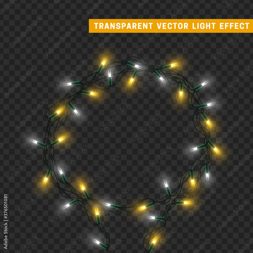 Christmas lights garlands. Festive design elements. Celebrate realistic object. Holiday Xmas Decor. New Year light effects isolated. Vector illustration. Christmas lights garlands. Festive design elements. Celebrate realistic object. Holiday Xmas Decor. New Year light effects isolated. Vector illustration.