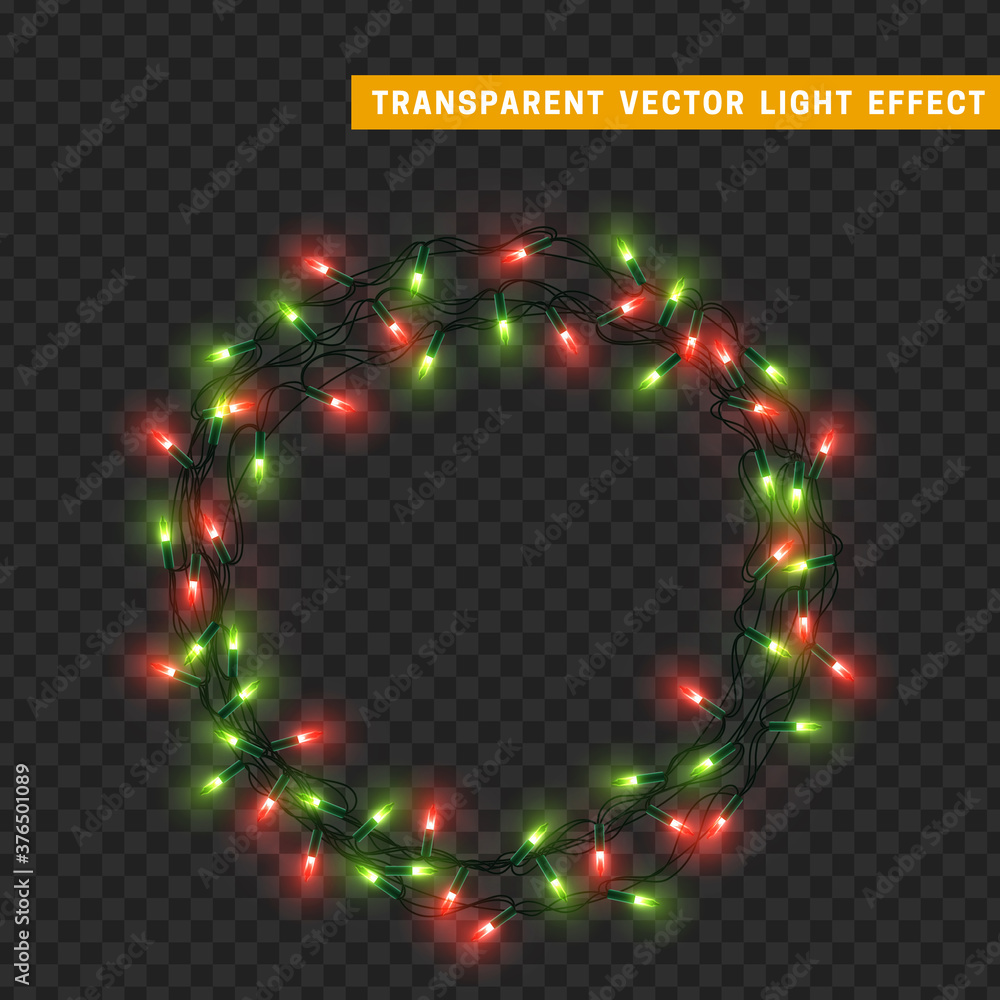 Christmas lights garlands. Festive design elements. Celebrate realistic object. Holiday Xmas Decor. New Year light effects isolated. Vector illustration.