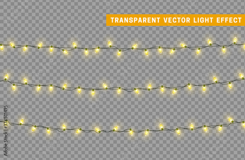 Christmas lights garlands. Festive design elements. Celebrate realistic object. Holiday Xmas Decor. New Year light effects isolated. Vector illustration.