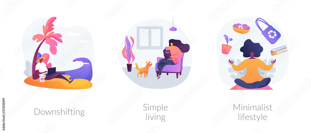Voluntary lifestyle abstract concept vector illustration set. Downshifting, simple living, minimalist lifestyle, escape, find balance, reduce consumption and buying, low expenses abstract metaphor.