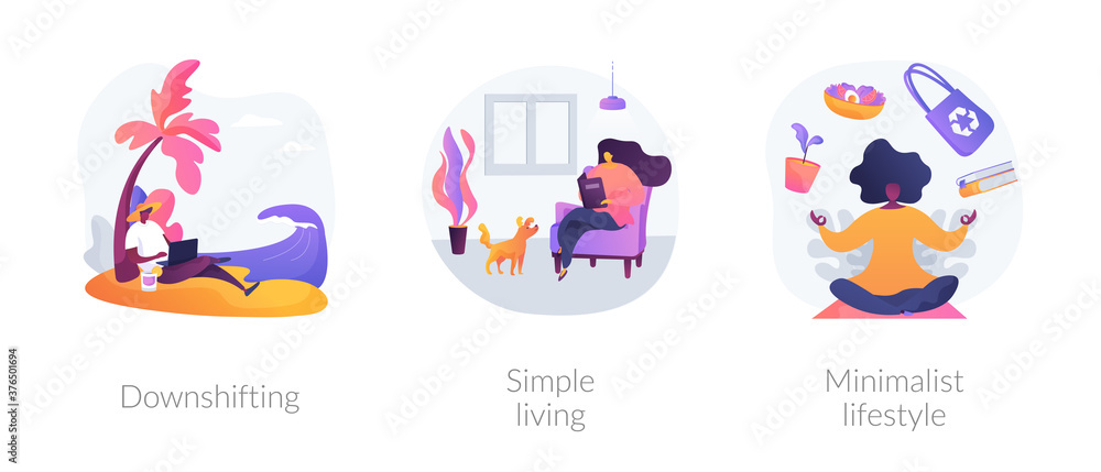 Voluntary lifestyle abstract concept vector illustration set. Downshifting, simple living, minimalist lifestyle, escape, find balance, reduce consumption and buying, low expenses abstract metaphor. Voluntary lifestyle abstract concept vector illustration set. Downshifting, simple living, minimalist lifestyle, escape, find balance, reduce consumption and buying, low expenses abstract metaphor.