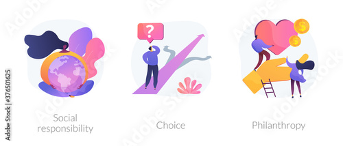 Decision making abstract concept vector illustration set. Social responsibility, choice, philanthropy, social value, private initiative, problem solving, donation fund, volunteering abstract metaphor.