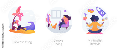 Voluntary lifestyle abstract concept vector illustration set. Downshifting, simple living, minimalist lifestyle, escape, find balance, reduce consumption and buying, low expenses abstract metaphor.