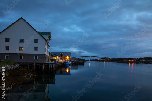 Blue hour at the harbor in a town in northern Norway