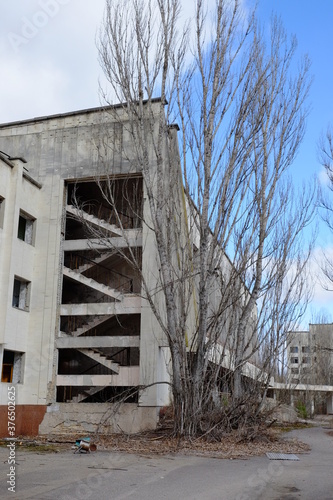 The "Energetik" Palace of Culture is a now abandoned multifunctional palace of culture in Pripyat in the exclusion zone of the Chernobyl nuclear power plant, side view.