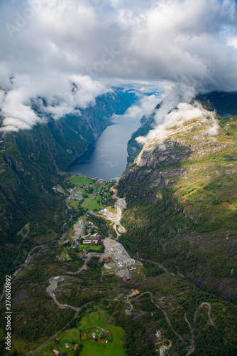 Aerial view over dramatic fjord landscape in Norway 