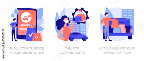 Curbside pickup abstract concept vector illustration set. Place your order online, call for load products, get supplies without leaving your car, safe grocery pick-up, quickservice abstract metaphor.