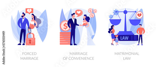 Family law abstract concept vector illustration set. Forced marriage, marriage of convenience, matrimonial law, domestic violence, sexual abuse, child custody, wedding rings abstract metaphor.