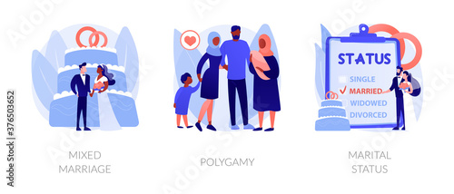 Legal status abstract concept vector illustration set. Mixed marriage, polygamy, marital status, multiracial family, persons relationship, different races and religions, wedding abstract metaphor.