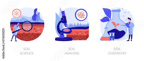 Natural resource study abstract concept vector illustration set. Soil science, analysis and chemistry, land management, soil test, laboratory service, pollution level, agriculture abstract metaphor.