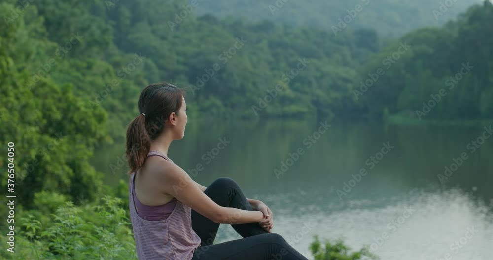 Sport woman enjoy forest lake view Sport woman enjoy forest lake view