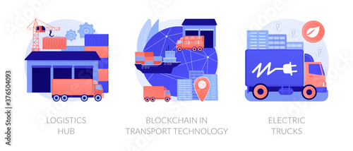 Global logistics center abstract concept vector illustration set. Logistics hub, blockchain in transport technology, electric trucks, commercial warehouse, automated freight track abstract metaphor.