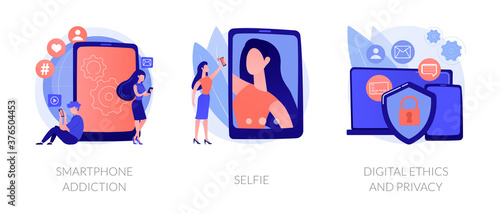 Digital behaviour abstract concept vector illustration set. Smartphone addiction, selfie, digital ethics and privacy, secure online data protection, social network activity, anxiety abstract metaphor.