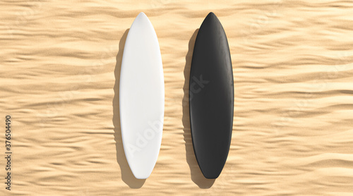 Blank black and white surfboard lying on sand mockup