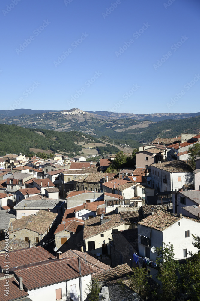Panoramic view of Laurenzana, a village in the mountains of the Basilicata region, Italy.