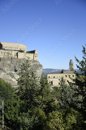Panoramic view of Laurenzana  a village in the mountains of the Basilicata region  Italy.