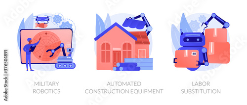 Artificial intelligence in industry abstract concept vector illustration set. Military robotics, automated construction equipment, labor substitution, smart machinery, robotization abstract metaphor.