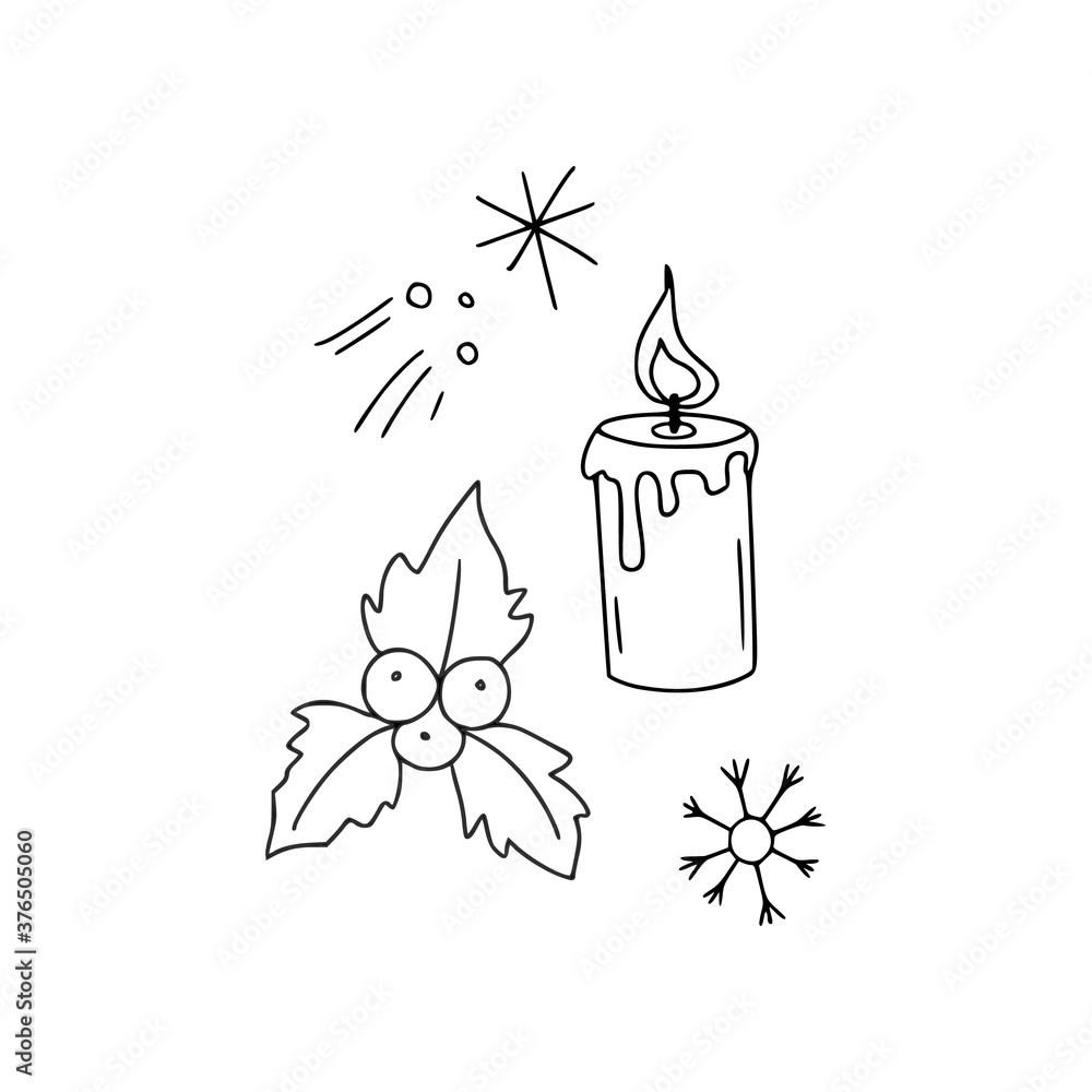 Christmas candle and holly. Interior decoration. Festive winter concept. Doodle style. Vector illustration on isolated background. For printing on fabric, postcards, web. Christmas candle and holly. Interior decoration. Festive winter concept. Doodle style. Vector illustration on isolated background. For printing on fabric, postcards, web.