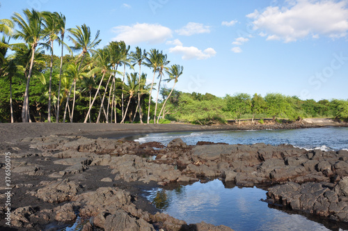 View of Punalu u black sand beach  on the Big Island of Hawaii