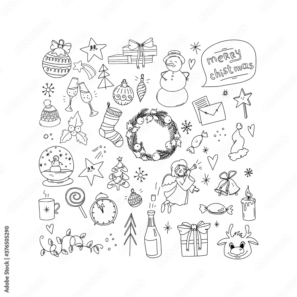 Set of Christmas items and characters. Christmas tree, toys, gifts.Festive winter concept. Doodle style. Vector illustration on isolated background. For printing on fabric, postcards.