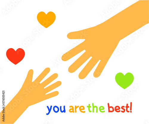 The hand of an adult and the hand of a child on the background. Symbol. Vector illustration.