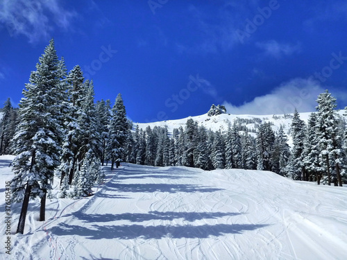 View of the snow covered ski slope at Kirkwood Mountain on a sunny winter day with vibrant blue skies