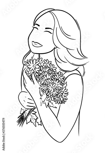 Silhouette of a happy girl in love with long hair, who presses a bouquet of flowers to her heart. Black outline on a white background. Digital illustration